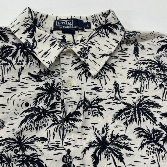 Polo Ralph Lauren Hawaiian Camp Polo Shirt Mens Large White Palm Trees AOP - Picture 2 of 9
